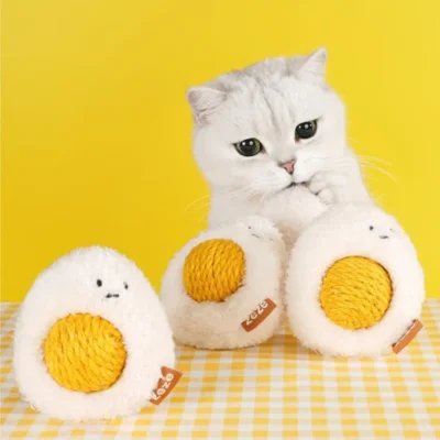Sunny-Side Up Purr-bo cat toy with a rattling yolk and catnip in both separable parts.