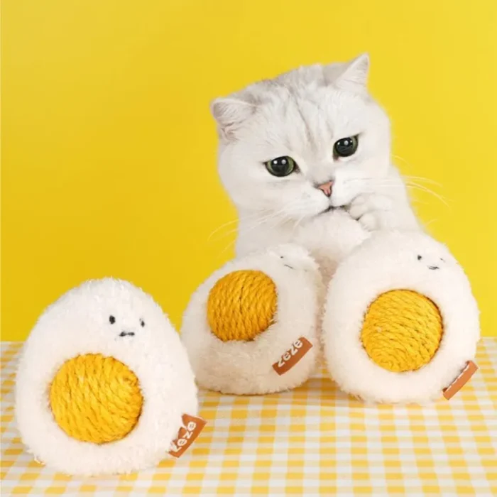 Sunny-Side Up Purr-bo cat toy with a rattling yolk and catnip in both separable parts.