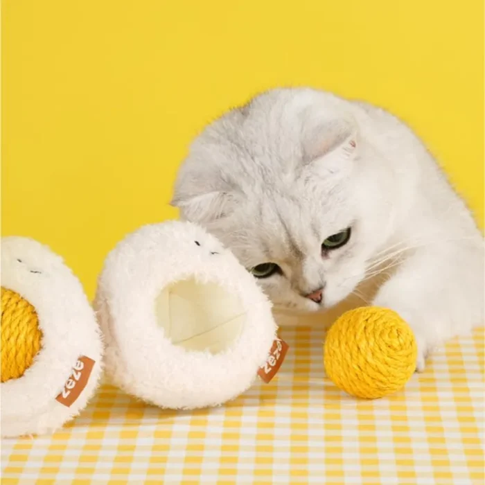 Sunny-Side Up Purr-bo cat toy with a rattling yolk and catnip in both separable parts.