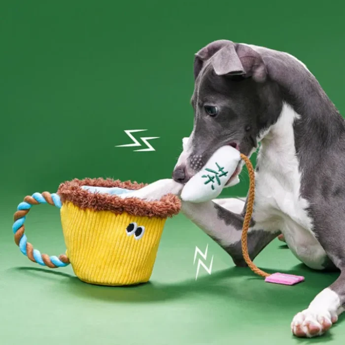 Interactive Sniff & Sip Tea Set for cats and dogs: a puzzle toy with a treat-hiding teapot and chewable handle for mental stimulation and dental health