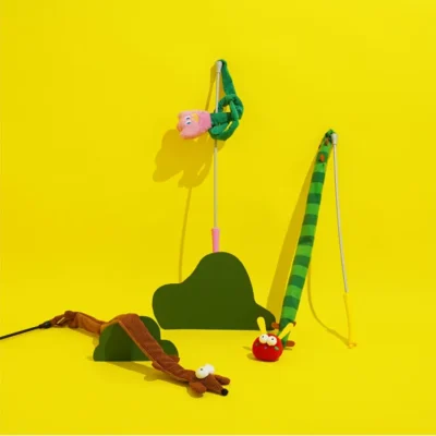1. Playful dog design cat teaser wand with crinkle paper 2. Cute caterpillar cat wand toy made from felt and corduroy 3. Pink tulip cat teaser with durable construction and sound feature