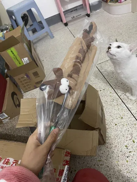 1. Playful dog design cat teaser wand with crinkle paper 2. Cute caterpillar cat wand toy made from felt and corduroy 3. Pink tulip cat teaser with durable construction and sound feature