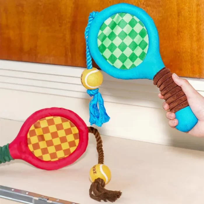 Play fetch and tug-of-war with the "Paw-ltimate Smasher" tennis racket toy. Its reinforced rope and durable chew ball make every interaction fun and perfect for bonding.