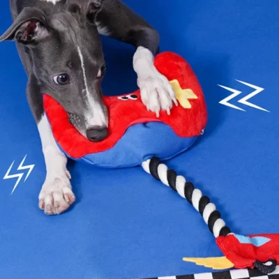 Interactive "Paw Controller" dog toy with chewable tug ropes and squeaky buttons for fetch and tug-of-war games.