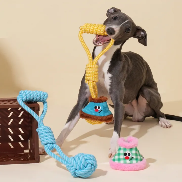 Tug-o-Lamp dog toy with crinkle lampshade and chew rope for tugging and mental stimulation